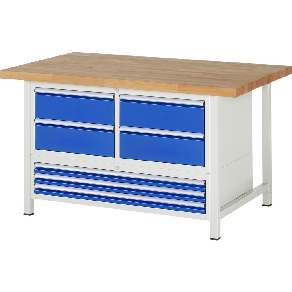 Číslo obrázku produktu 1: Pracovní stůl RAU řada 8000, 1 trojitý spodní kontejner, VxŠxH 840-1040 x 1500 x 900 mm, 7x zásuvka s výsuvem 100 %, 3 x 60, 4 x 180 mm