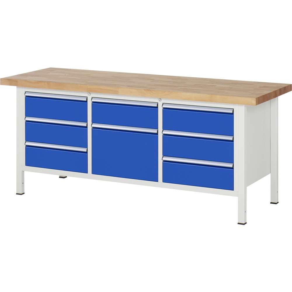 Číslo obrázku produktu 1: Pracovní stůl RAU řada 8000, 1 trojitý kontejner, VxŠxH 840-1040 x 2000 x 700 mm, 8x zásuvka s výsuvem 90 %, 7 x 180, 1 x 360 mm