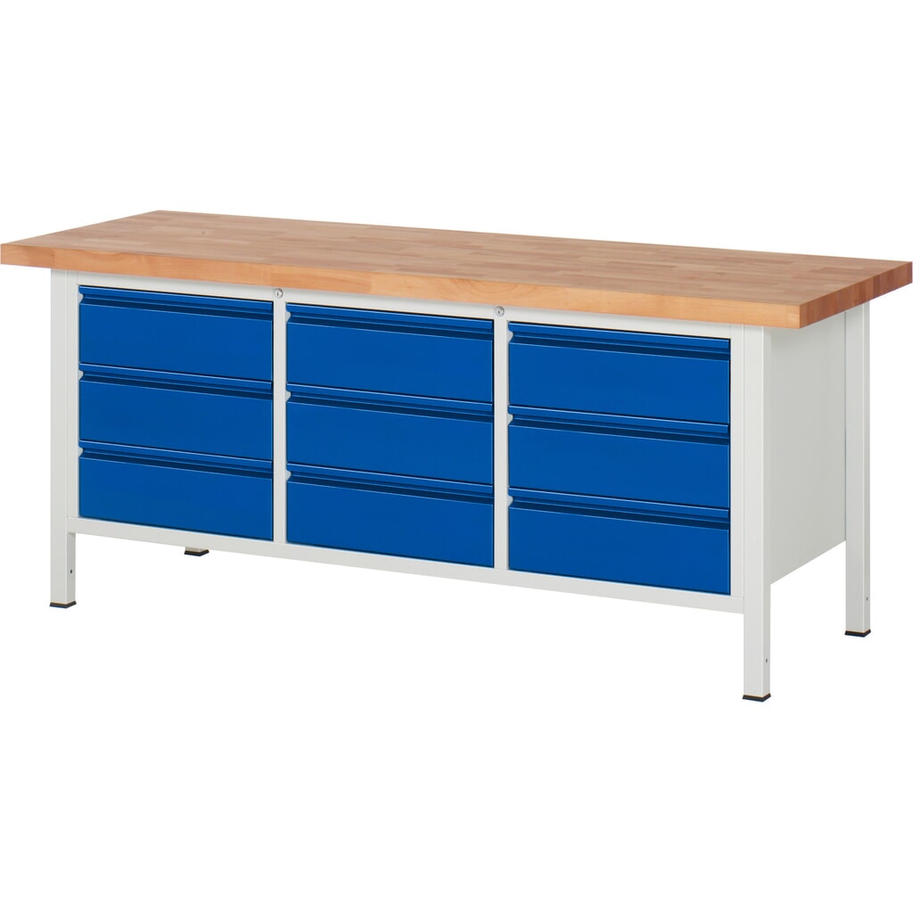 Pracovní stůl RAU řada 8000, 1 trojitý spodní kontejner, VxŠxH 840 x 2000 x 700 mm, 9 zásuvek s výsuvem 90 %, 9 x 180 mm, nosnost zásuvky 100 kg Číslo obrázku produktu 1: Pracovní stůl RAU řada 8000, 1 trojitý spodní kontejner, VxŠxH 840 x 2000 x 700 mm, 9 zásuvek s výsuvem 90 %, 9 x 180 mm, nosnost zásuvky 100 kg