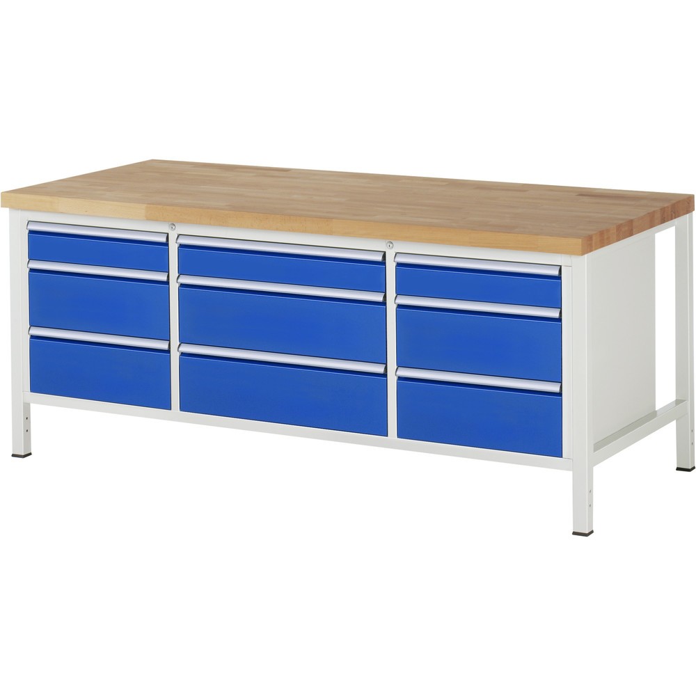 Číslo obrázku produktu 1: Pracovní stůl RAU řada 8000, 1 trojitý kontejner, VxŠxH 840-1040 x 2000 x 900 mm, 9x zásuvka s výsuvem 100 %, 3 x 120, 6 x 210 mm, nosnost zásuvky 75/100 kg