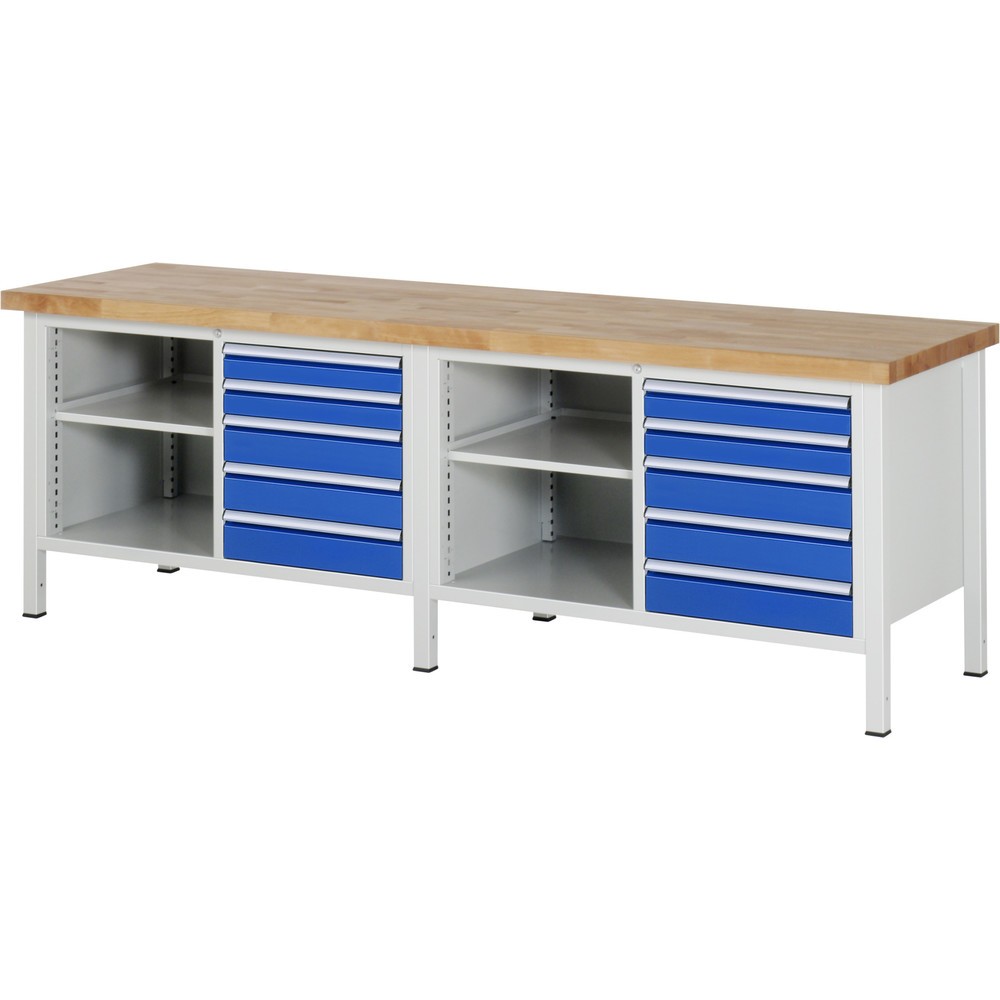 Číslo obrázku produktu 1: Pracovní stůl RAU řada 8000, 2 dvojité kontejnery, VxŠxH 840-1040 x 2500 x 700 mm, 10 zásuvek, 1 odkládací police hloubka 350 mm