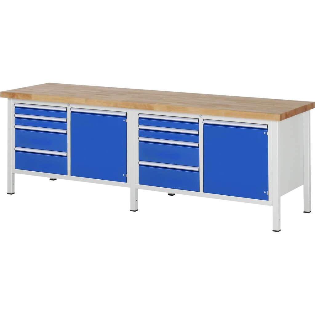 Obrázek produktu: Pracovní stůl RAU řada 8000, 2 dvojitý kontejner, 2 křídlové dveře, VxŠxH 840 x 2500 x 700 mm, 8 zásuvky