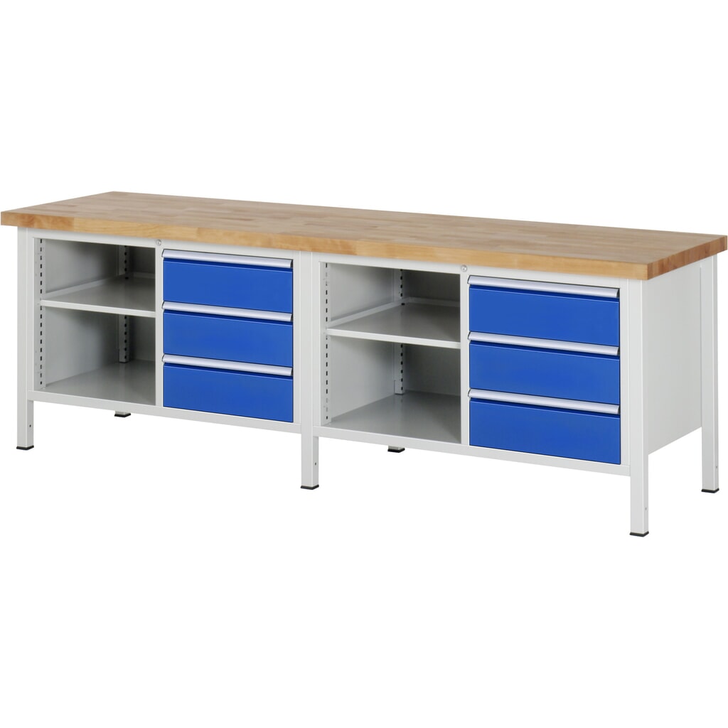 Pracovní stůl RAU řada 8000, 2 dvojité kontejnery, VxŠxH 840 x 2500 x 700 mm, 6 zásuvek, 1 odkládací police hloubka 350 mm Číslo obrázku produktu 1: Pracovní stůl RAU řada 8000, 2 dvojité kontejnery, VxŠxH 840 x 2500 x 700 mm, 6 zásuvek, 1 odkládací police hloubka 350 mm
