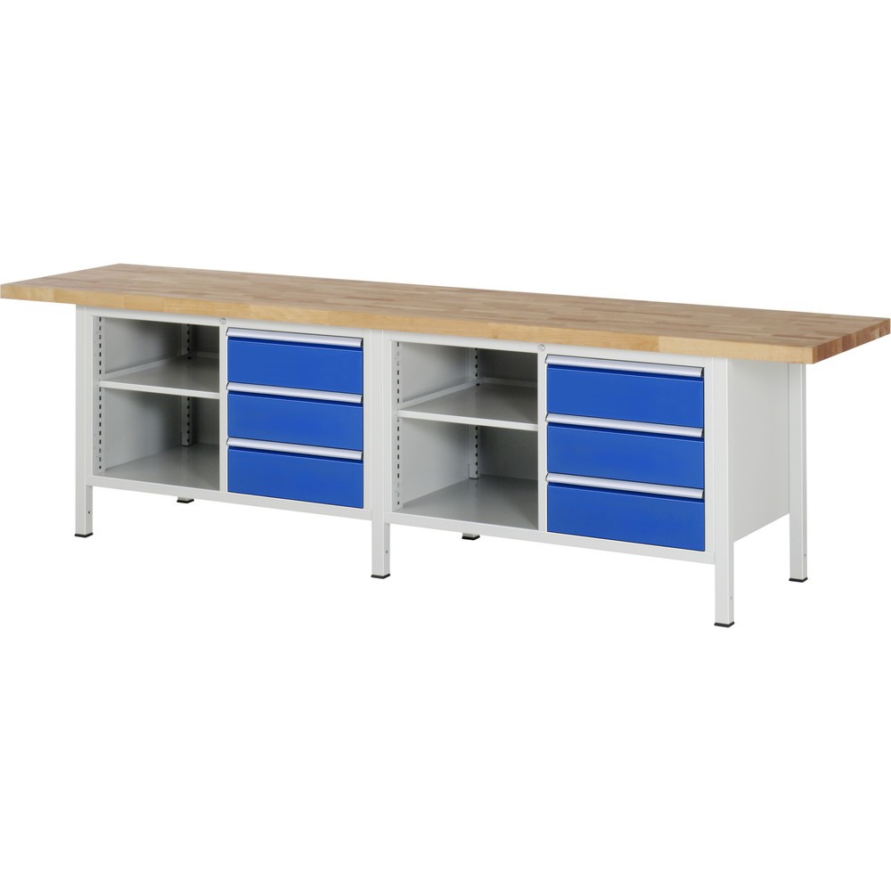 Číslo obrázku produktu 1: Pracovní stůl RAU řada 8000, 2 dvojité kontejnery, VxŠxH 840 x 3000 x 700 mm, 6 zásuvek, 1 odkládací police hloubka 350 mm