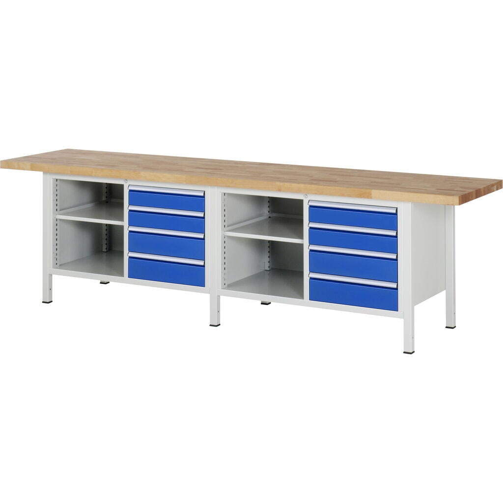 Obrázek produktu: Pracovní stůl RAU řada 8000, V×Š×H 840-1040 × 3000 × 700 mm, 2 dvojité spodní kontejnery, se 4 zásuvkami