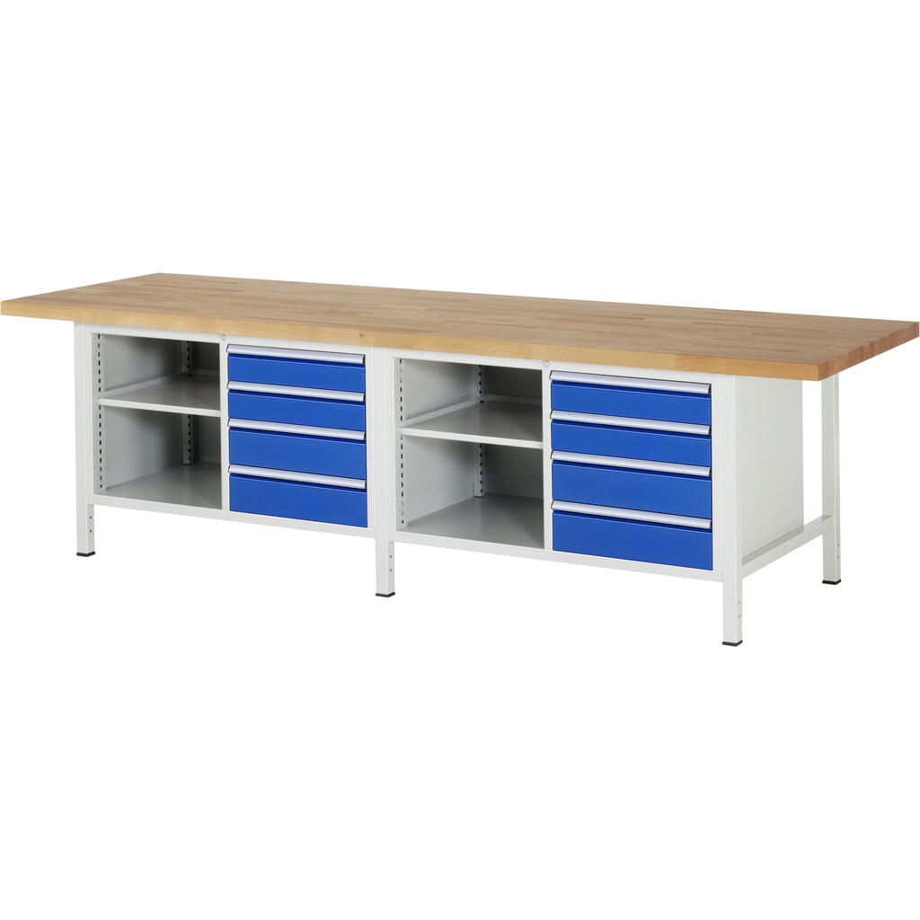 Pracovní stůl RAU řada 8000, V׊×H 840-1040 × 3000 × 900 mm, 2 dvojité spodní kontejnery, se 4 zásuvkami Obrázek produktu: Pracovní stůl RAU řada 8000, V׊×H 840-1040 × 3000 × 900 mm, 2 dvojité spodní kontejnery, se 4 zásuvkami