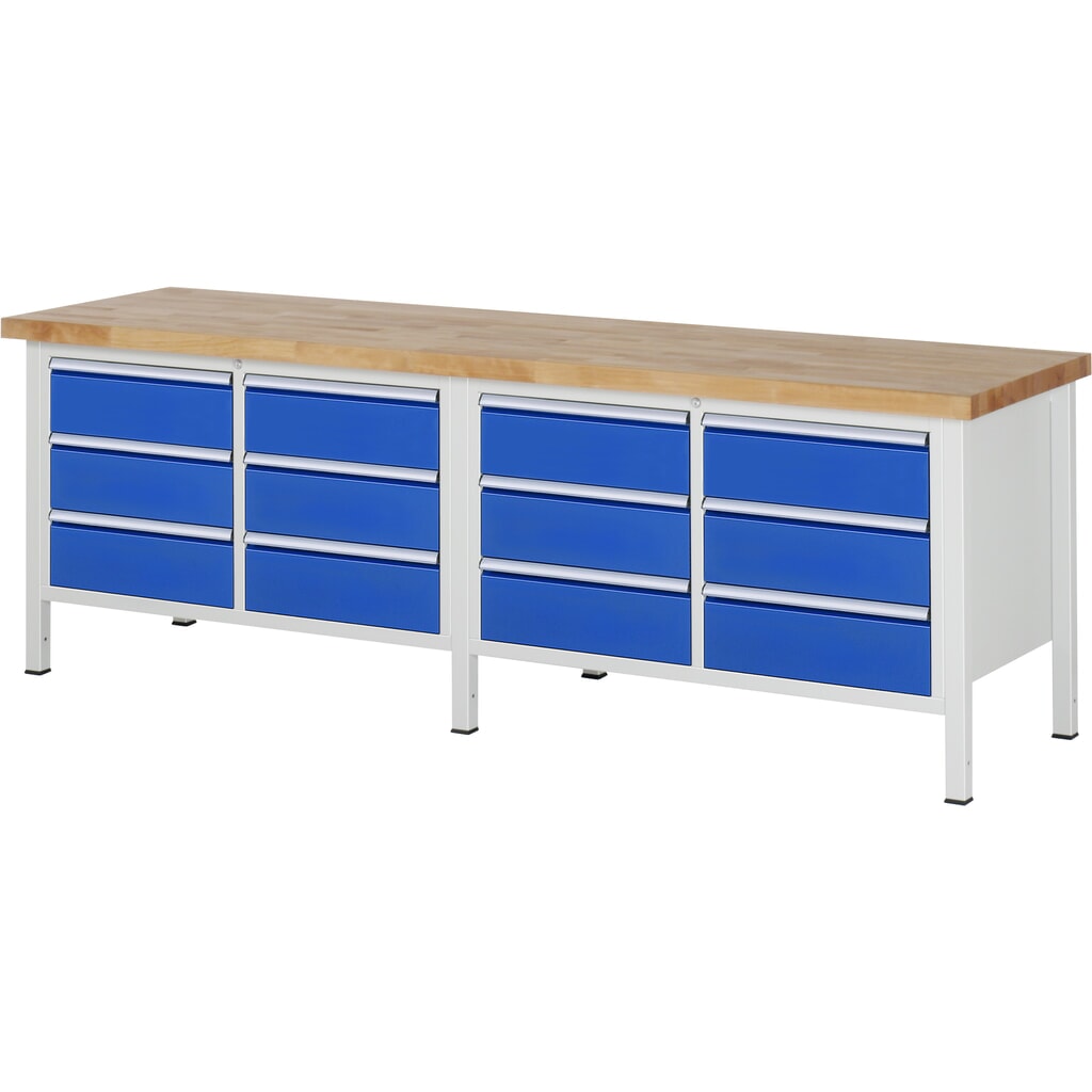 Číslo obrázku produktu 1: Pracovní stůl RAU řada 8000, V×Š×H 840-1040 × 2500 × 700 mm, 2 dvojité spodní kontejnery, se 6 zásuvkami