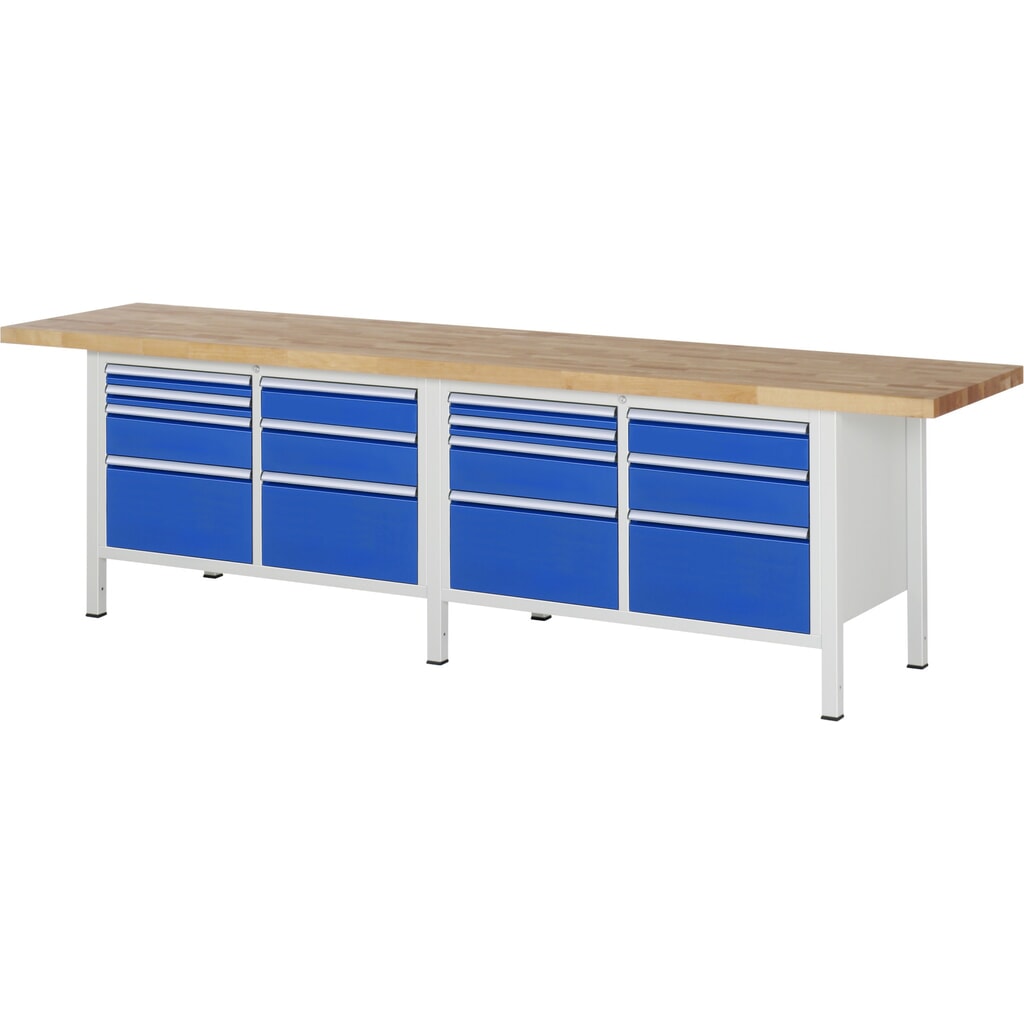 Obrázek produktu: Pracovní stůl RAU řada 8000, 2 dvojité kontejnery, VxŠxH 840 x 3000 x 700 mm, 14 zásuvek