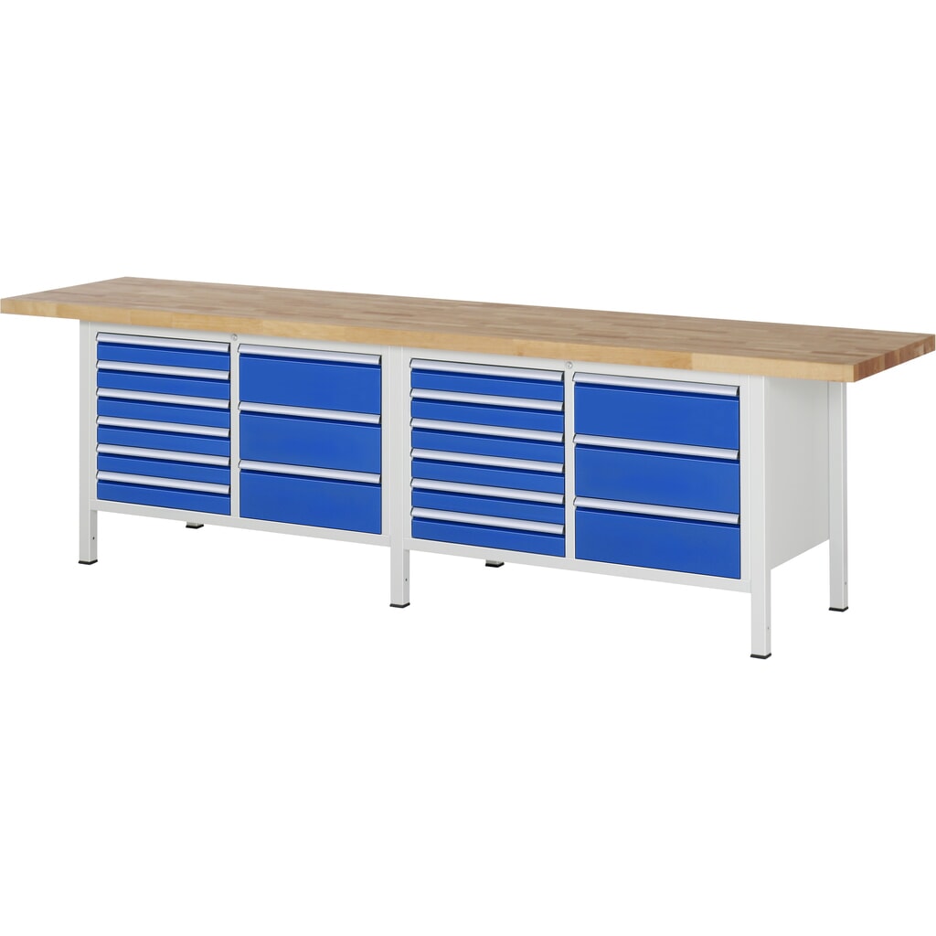 Pracovní stůl RAU řada 8000, V׊×H 840-1040 × 3000 × 700 mm, 2 dvojité spodní kontejnery, s 9 zásuvkami Obrázek produktu: Pracovní stůl RAU řada 8000, V׊×H 840-1040 × 3000 × 700 mm, 2 dvojité spodní kontejnery, s 9 zásuvkami
