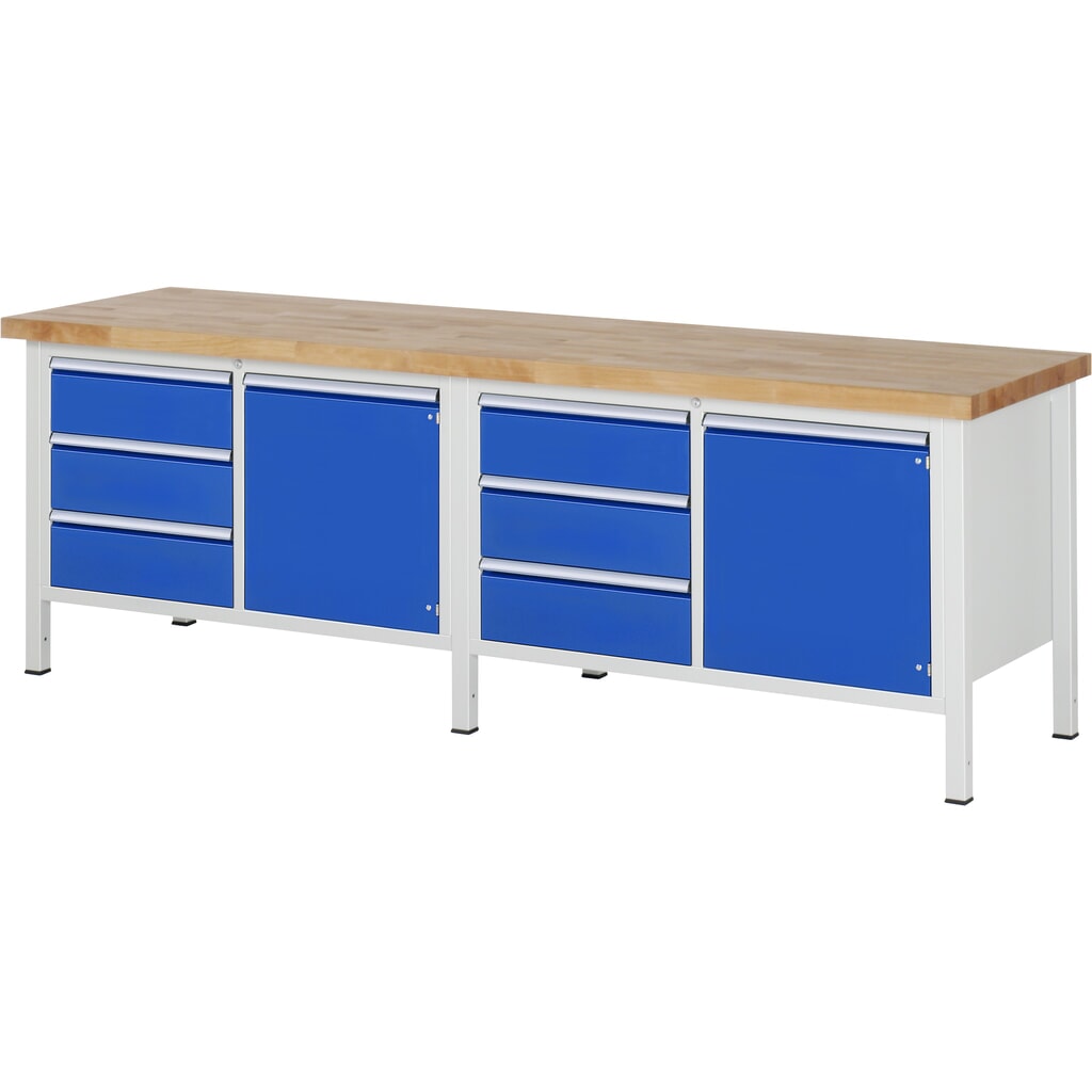 Pracovní stůl RAU řady 8000, V׊×H 840-1040 × 2500 × 700 mm, 2 dvojité spodní kontejnery, každý 3 zásuvky a 1 křídlové dveře Obrázek produktu: Pracovní stůl RAU řady 8000, V׊×H 840-1040 × 2500 × 700 mm, 2 dvojité spodní kontejnery, každý 3 zásuvky a 1 křídlové dveře