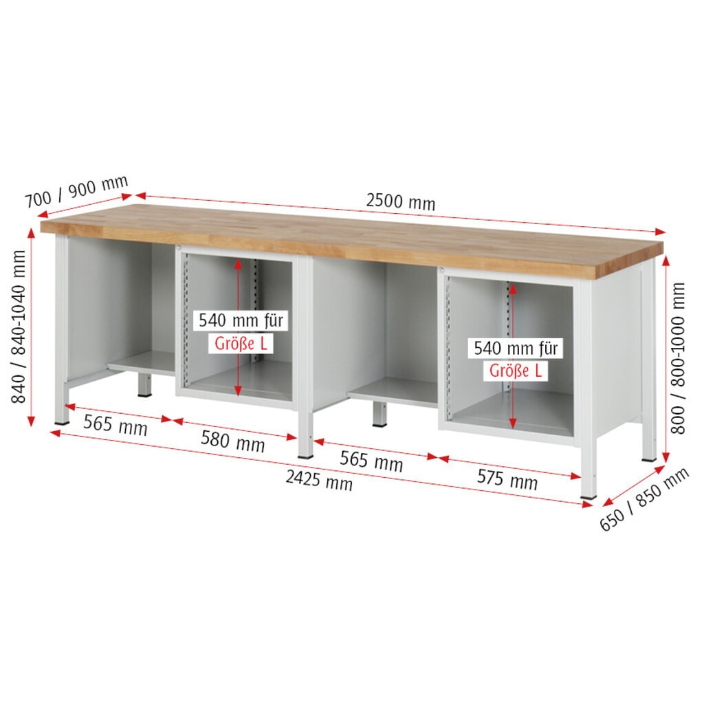 Číslo obrázku produktu 7: Pracovní stůl RAU řada 8000, 2 kontejnery, VxŠxH 840-1040 x 2500 x 700 mm, 8x zásuvka s výsuvem 90 %