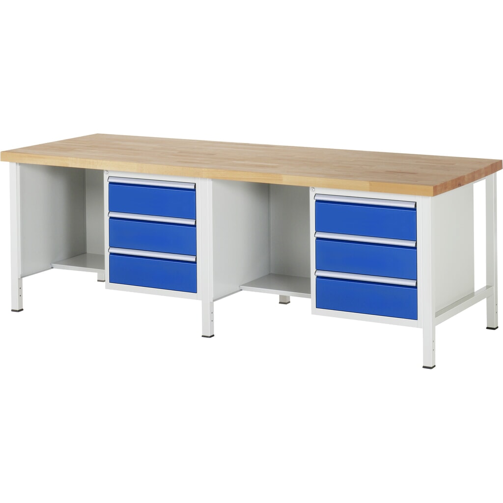 Obrázek produktu: Pracovní stůl RAU, řada 8000, V×Š×H 840-1040 × 2500 × 900 mm, 2 spodní kontejnery a odkládací přihrádka, každý 3 zásuvky