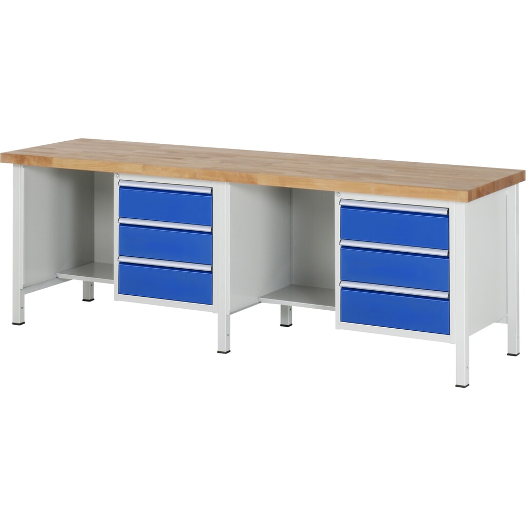 Pracovní stůl RAU, řada 8000, V׊×H 840-1040 × 2500 × 700 mm, 2 spodní kontejnery a odkládací přihrádka, každý 3 zásuvky Obrázek produktu: Pracovní stůl RAU, řada 8000, V׊×H 840-1040 × 2500 × 700 mm, 2 spodní kontejnery a odkládací přihrádka, každý 3 zásuvky