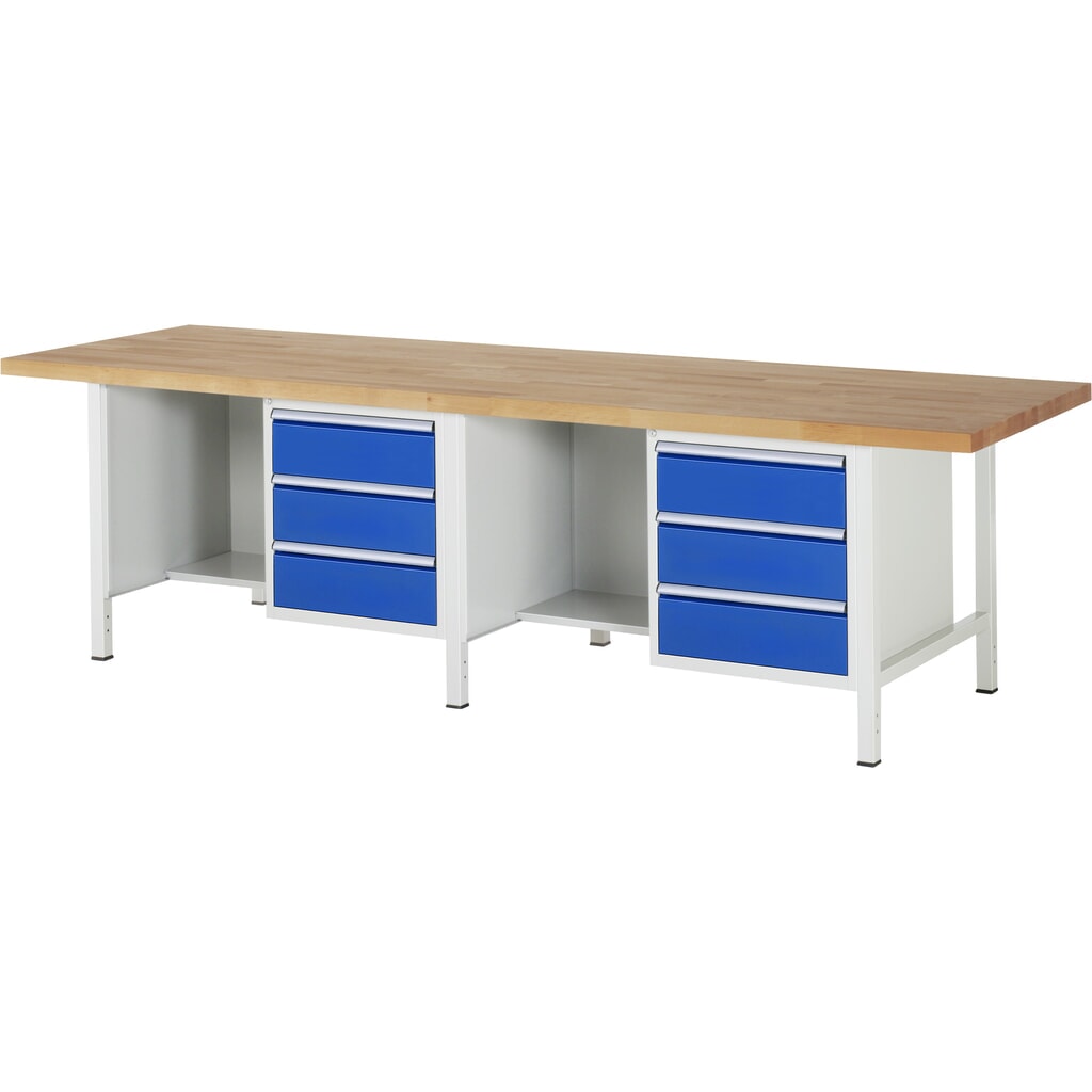 Pracovní stůl RAU, řada 8000, V׊×H 840-1040 × 3000 × 900 mm, 2 spodní kontejnery a odkládací přihrádka, každý 3 zásuvky Obrázek produktu: Pracovní stůl RAU, řada 8000, V׊×H 840-1040 × 3000 × 900 mm, 2 spodní kontejnery a odkládací přihrádka, každý 3 zásuvky
