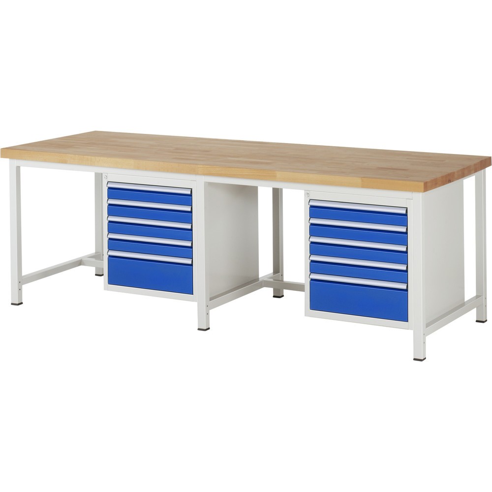 Číslo obrázku produktu 1: Pracovní stůl RAU řada 8000, 2 kontejnery, VxŠxH 840-1040 x 2500 x 900 mm, 10x zásuvka s výsuvem 100 %, 8 x 90, 2 x 180 mm
