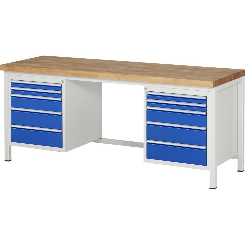 Číslo obrázku produktu 1: Pracovní stůl RAU řada 8000, 2 kontejnery, VxŠxH 840-1040 x 2000 x 700 mm, 10x zásuvka s výsuvem 100 %, 4 x 60, 2 x 120, 4 x 150 mm