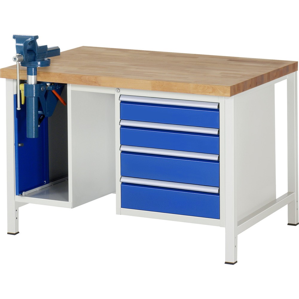 Číslo obrázku produktu 1: Pracovní stůl RAU řada 8000, 2 kontejnery, VxŠxH 840-1040 x 1250 x 900 mm, 4x zásuvka s výsuvem 90 %, 2 x 120, 2 x 150 mm, včetně svěráku