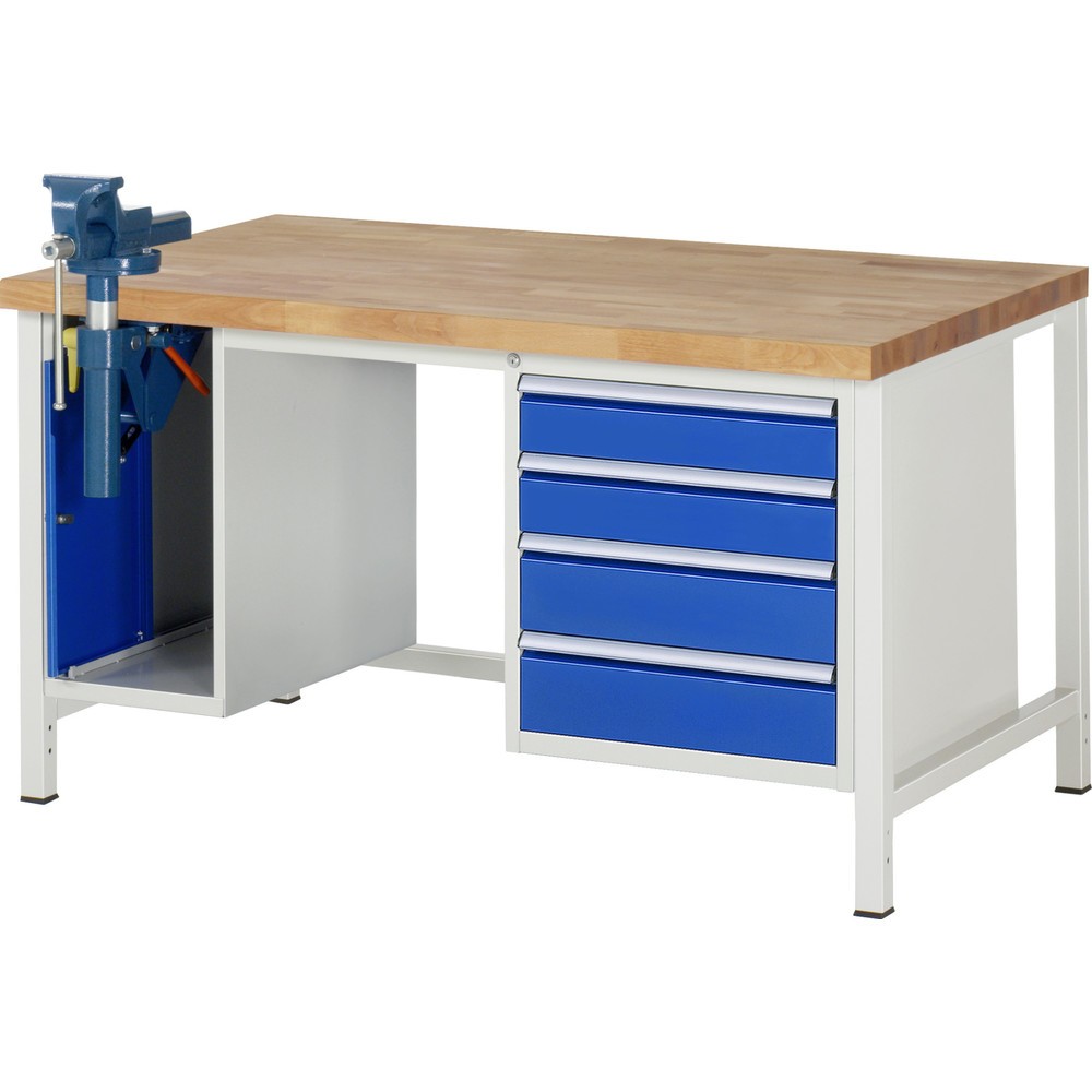 Číslo obrázku produktu 1: Pracovní stůl RAU řada 8000, 2 kontejnery, VxŠxH 840-1040 x 1500 x 900 mm, 4x zásuvka s výsuvem 90 %, 2 x 120, 2 x 150 mm, včetně svěráku