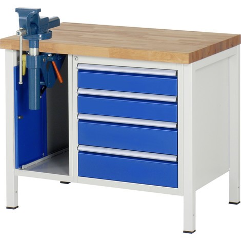Pracovní stůl RAU řada 8000, 2 kontejnery, VxŠxH 840 x 1000 x 700 mm, 4x zásuvka s výsuvem 100 %, 2 x 120, 2 x 150 mm, včetně svěráku