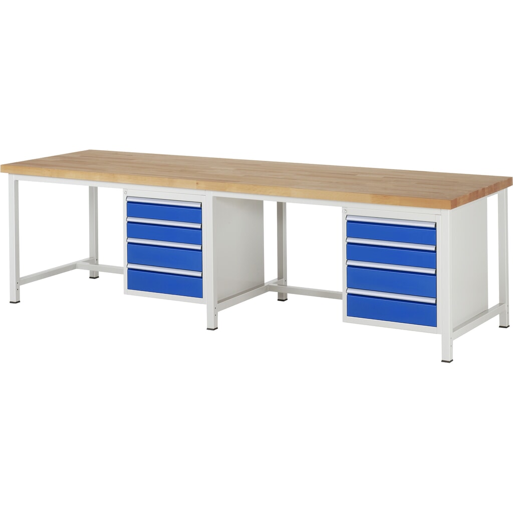 Pracovní stůl RAU řada 8000, V׊×H 840-1040 × 3000 × 900 mm, 2 spodní kontejnery, každý se 4 zásuvkami Obrázek produktu: Pracovní stůl RAU řada 8000, V׊×H 840-1040 × 3000 × 900 mm, 2 spodní kontejnery, každý se 4 zásuvkami