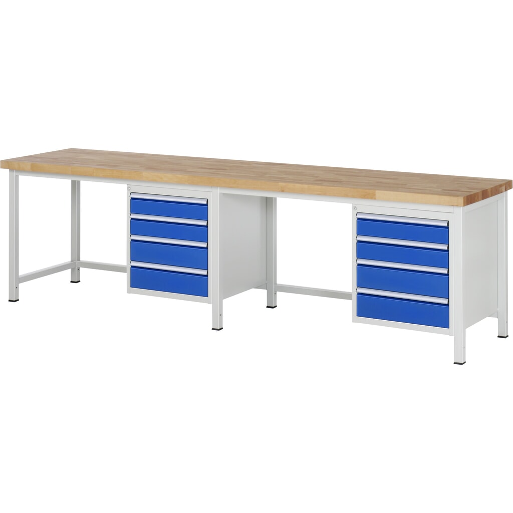 Pracovní stůl RAU řada 8000, V׊×H 840-1040 × 3000 × 700 mm, 2 spodní kontejnery, každý se 4 zásuvkami Obrázek produktu: Pracovní stůl RAU řada 8000, V׊×H 840-1040 × 3000 × 700 mm, 2 spodní kontejnery, každý se 4 zásuvkami