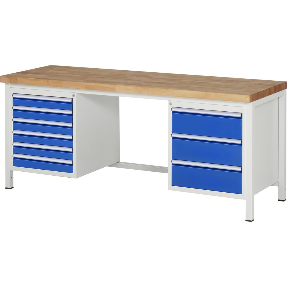 Číslo obrázku produktu 1: Pracovní stůl RAU řada 8000, 2 kontejnery, VxŠxH 840-1040 x 2000 x 700 mm, 9x zásuvka s výsuvem 90 %