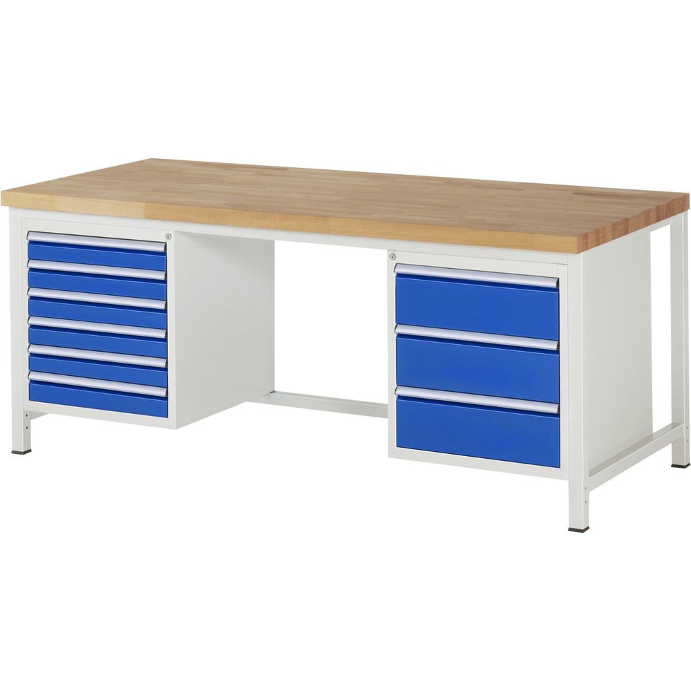 Číslo obrázku produktu 1: Pracovní stůl RAU řada 8000, 2 kontejnery, VxŠxH 840-1040 x 2000 x 900 mm, 9x zásuvka s výsuvem 90 %