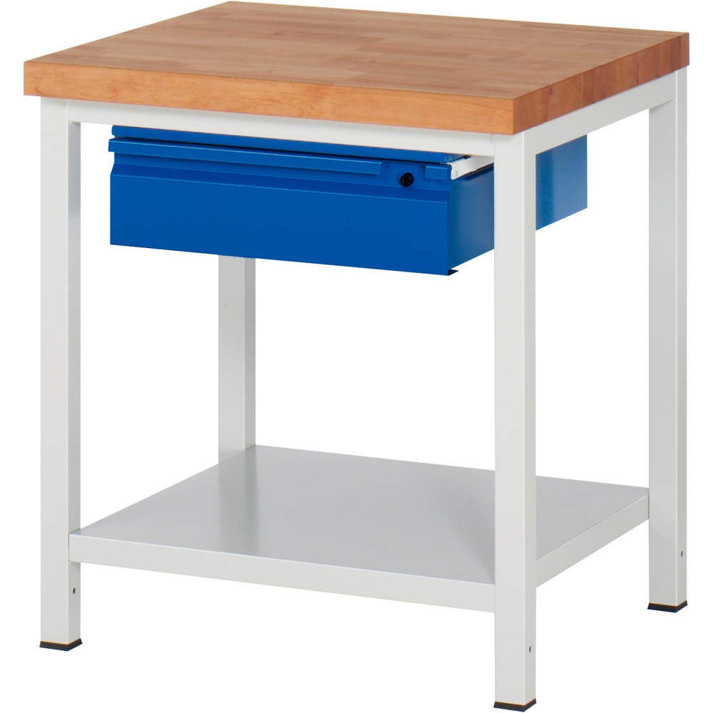 Číslo obrázku produktu 1: Pracovní stůl RAU řada 8000, pracovní deska z bukového masivu, tloušťka 40 mm, VxŠxH 840 x 750 x 700 mm, 1 zásuvka, 1 odkládací police hloubka 650 mm