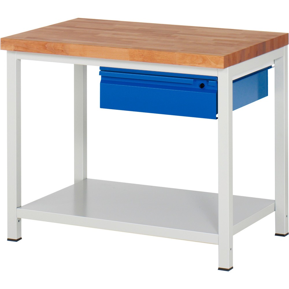 Obrázek produktu: Pracovní stůl RAU řada 8000, pracovní deska z bukového masivu, tloušťka 40 mm, VxŠxH 840-1040 x 1 000 x 700 mm, 1 zásuvka, 1 odkládací police hloubka 650 mm