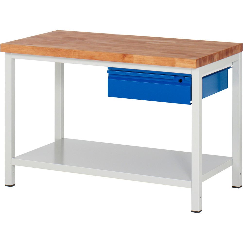 Číslo obrázku produktu 1: Pracovní stůl RAU řada 8000, pracovní deska z bukového masivu, tloušťka 40 mm, VxŠxH 840-1040 x 1 250 x 700 mm, 1 zásuvka, 1 odkládací police hloubka 650 mm