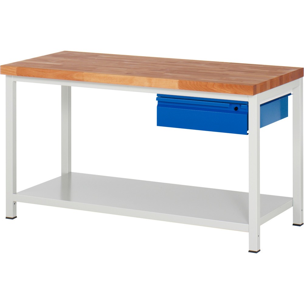 Číslo obrázku produktu 1: Pracovní stůl RAU řada 8000, pracovní deska z bukového masivu, tloušťka 40 mm, VxŠxH 840-1040 x 1 500 x 700 mm, 1 zásuvka, 1 odkládací police hloubka 650 mm
