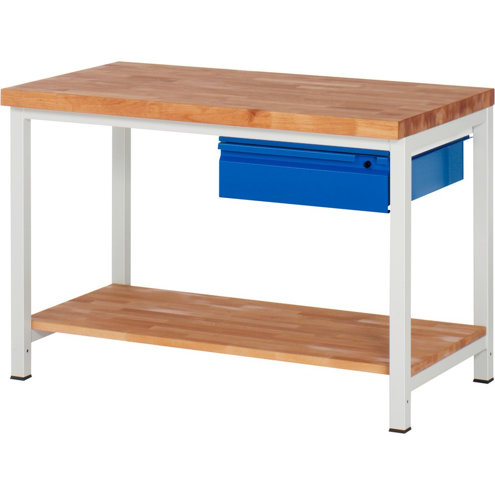 Číslo obrázku produktu 1: Pracovní stůl RAU řada 8000, pracovní deska z bukového masivu, tloušťka 40 mm, VxŠxH 840-1040 x 1 250 x 700 mm, 1 zásuvka, 1 odkládací police hloubka 557 mm