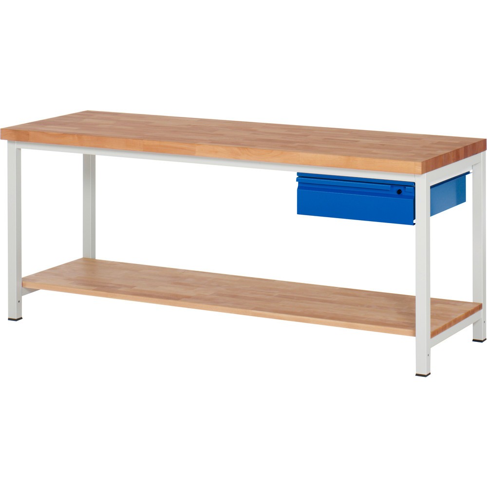 Číslo obrázku produktu 1: Pracovní stůl RAU řada 8000, pracovní deska z bukového masivu, tloušťka 40 mm, VxŠxH 840 x 2 000 x 700 mm, 1 zásuvka, 1 odkládací police hloubka 557 mm