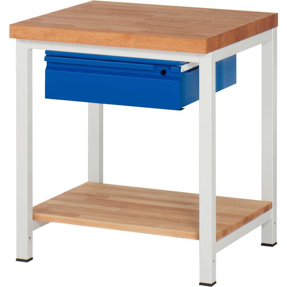 Číslo obrázku produktu 1: Pracovní stůl RAU řada 8000, pracovní deska z bukového masivu, tloušťka 40 mm, VxŠxH 840 x 750 x 700 mm, 1 zásuvka, 1 odkládací police hloubka 557 mm