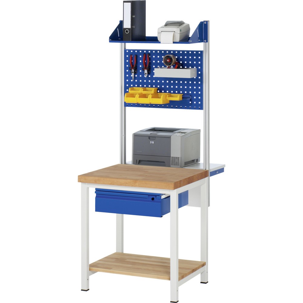 Číslo obrázku produktu 4: Pracovní stůl RAU řada 8000, pracovní deska z bukového masivu, tloušťka 40 mm, VxŠxH 840 x 750 x 700 mm, 1 zásuvka, 1 odkládací police hloubka 557 mm