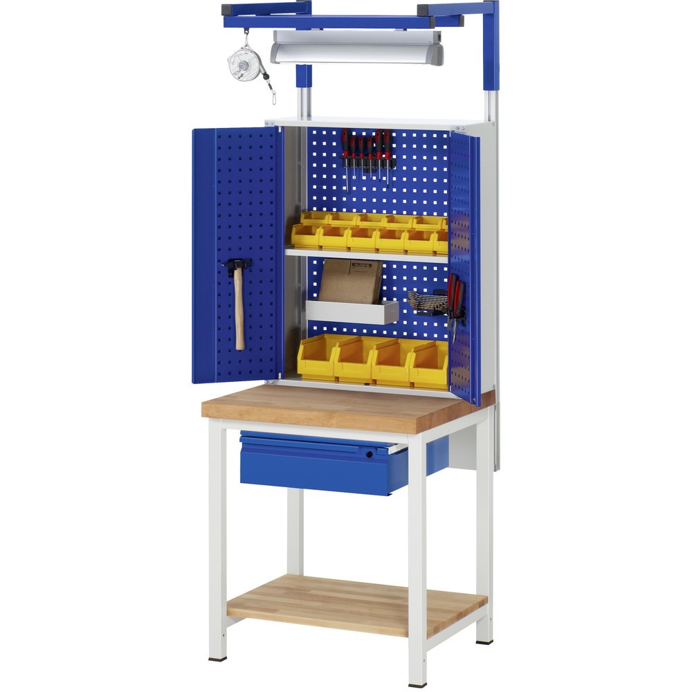 Číslo obrázku produktu 5: Pracovní stůl RAU řada 8000, pracovní deska z bukového masivu, tloušťka 40 mm, VxŠxH 840 x 750 x 700 mm, 1 zásuvka, 1 odkládací police hloubka 557 mm