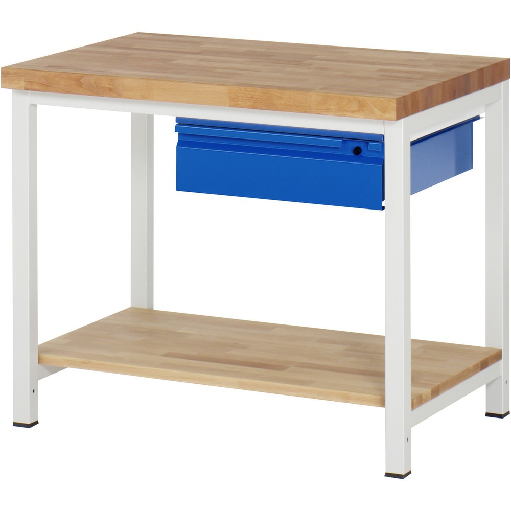 Číslo obrázku produktu 1: Pracovní stůl RAU řada 8000, pracovní deska z bukového masivu, tloušťka 40 mm, VxŠxH 840 x 1 000 x 700 mm, 1 zásuvka, 1 odkládací police hloubka 557 mm