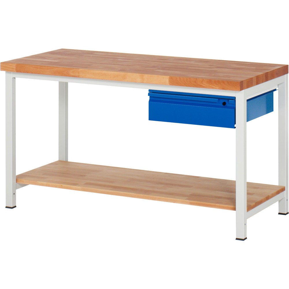 Číslo obrázku produktu 1: Pracovní stůl RAU řada 8000, pracovní deska z bukového masivu, tloušťka 40 mm, VxŠxH 840-1040 x 1 500 x 700 mm, 1 zásuvka, 1 odkládací police hloubka 557 mm