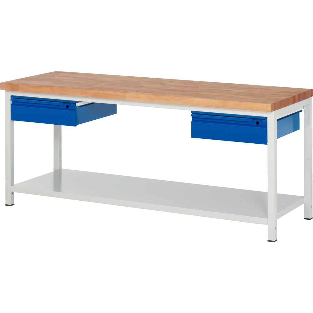 Číslo obrázku produktu 1: Pracovní stůl RAU řada 8000, pracovní deska z bukového masivu, tloušťka 40 mm, VxŠxH 840-1040 x 2000 x 700 mm, 2 zásuvky, 1 odkládací police hloubka 650 mm