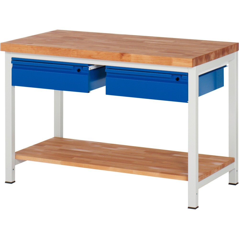 Číslo obrázku produktu 1: Pracovní stůl RAU řada 8000, pracovní deska z bukového masivu, tloušťka 40 mm, VxŠxH 840-1040 x 1250 x 700 mm, 2 zásuvky, 1 odkládací police hloubka 557 mm