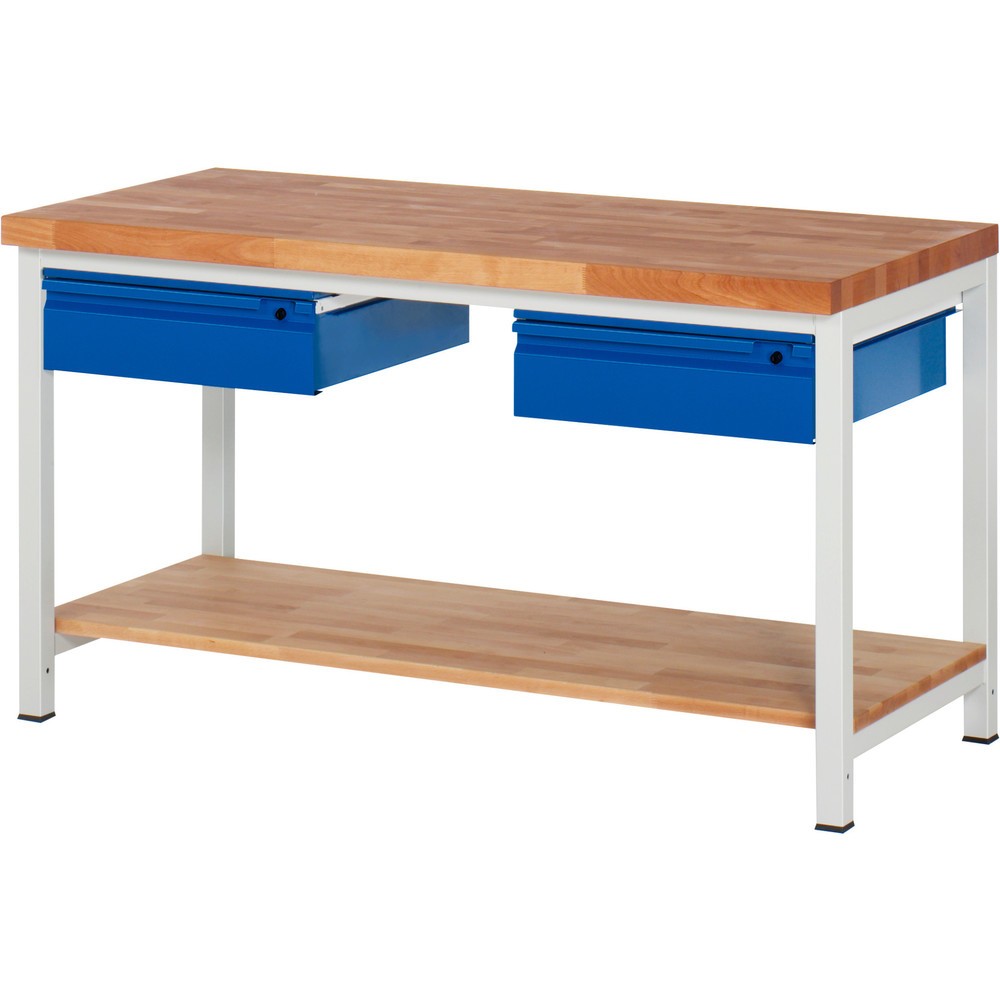 Číslo obrázku produktu 1: Pracovní stůl RAU řada 8000, pracovní deska z bukového masivu, tloušťka 40 mm, VxŠxH 840-1040 x 1500 x 700 mm, 2 zásuvky, 1 odkládací police hloubka 557 mm