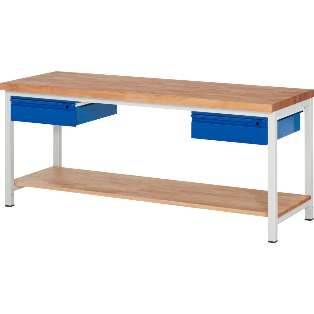 Číslo obrázku produktu 1: Pracovní stůl RAU řada 8000, pracovní deska z bukového masivu, tloušťka 40 mm, VxŠxH 840 x 2000 x 700 mm, 2 zásuvky, 1 odkládací police hloubka 557 mm