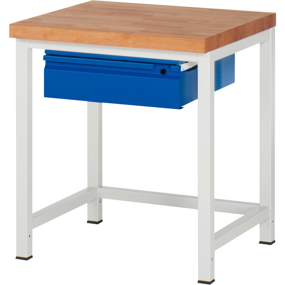 Číslo obrázku produktu 1: Pracovní stůl RAU řada 8000, pracovní deska z bukového masivu, tloušťka 40 mm, VxŠxH 840-1040 x 750 x 700 mm, 1 zásuvka 1 x 150 mm