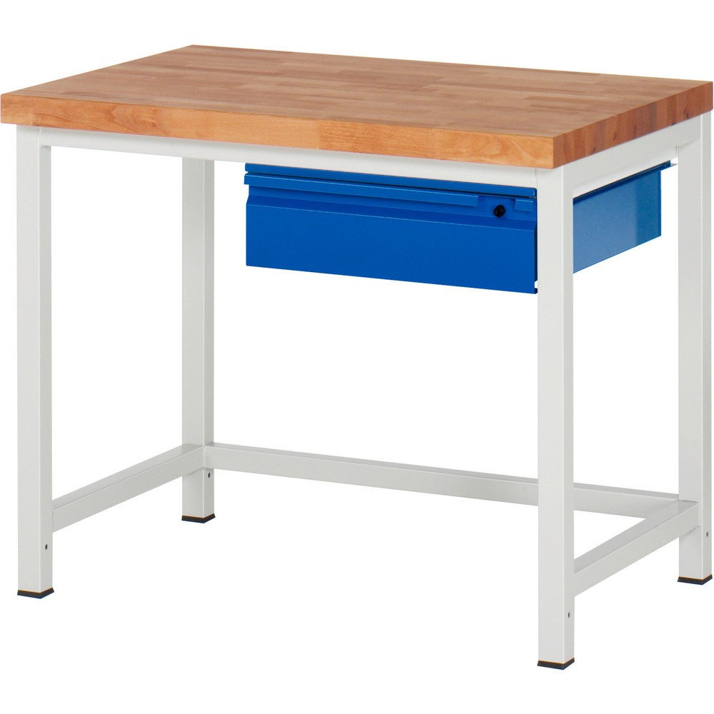 Číslo obrázku produktu 1: Pracovní stůl RAU řada 8000, pracovní deska z bukového masivu, tloušťka 40 mm, VxŠxH 840-1040 x 1 000 x 700 mm, 1 zásuvka 1 x 150 mm