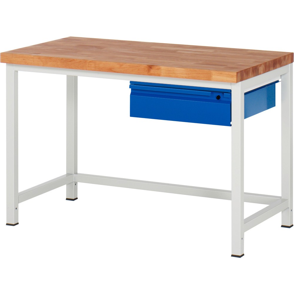 Obrázek produktu: Pracovní stůl RAU řada 8000, pracovní deska z bukového masivu, tloušťka 40 mm, VxŠxH 840 x 1 250 x 700 mm, 1 zásuvka 1 x 150 mm