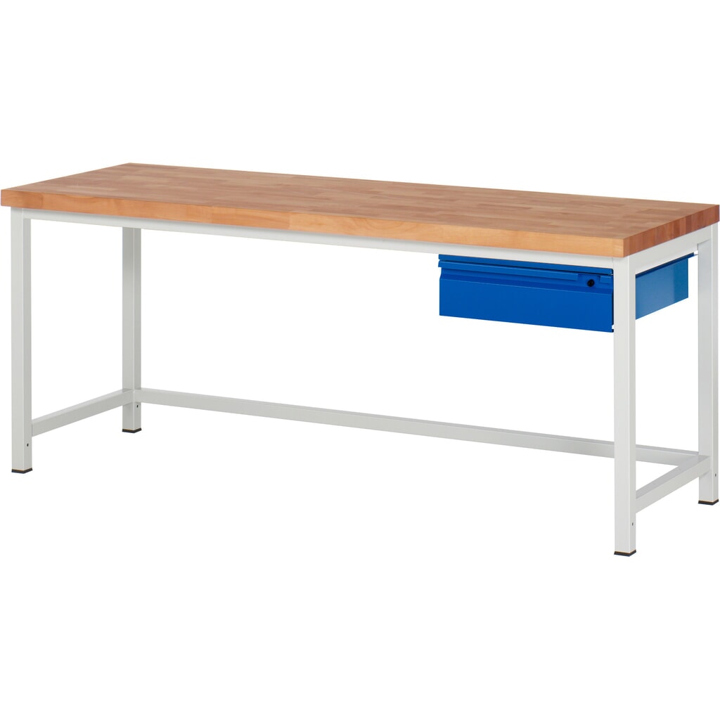 Obrázek produktu: Pracovní stůl RAU řada 8000, pracovní deska z bukového masivu, tloušťka 40 mm, VxŠxH 840-1040 x 2 000 x 700 mm, 1 zásuvka 1 x 150 mm