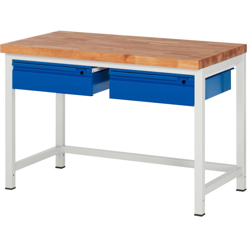 Číslo obrázku produktu 1: Pracovní stůl RAU řada 8000, pracovní deska z bukového masivu, tloušťka 40 mm, VxŠxH 840 x 1250 x 700 mm, 2 zásuvky 2 x 150 mm
