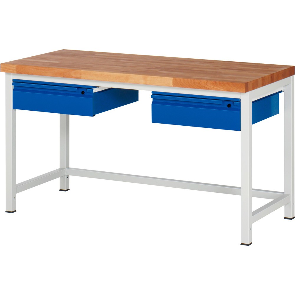Číslo obrázku produktu 1: Pracovní stůl RAU řada 8000, pracovní deska z bukového masivu, tloušťka 40 mm, VxŠxH 840-1040 x 1500 x 700 mm, 2 zásuvky 2 x 150 mm