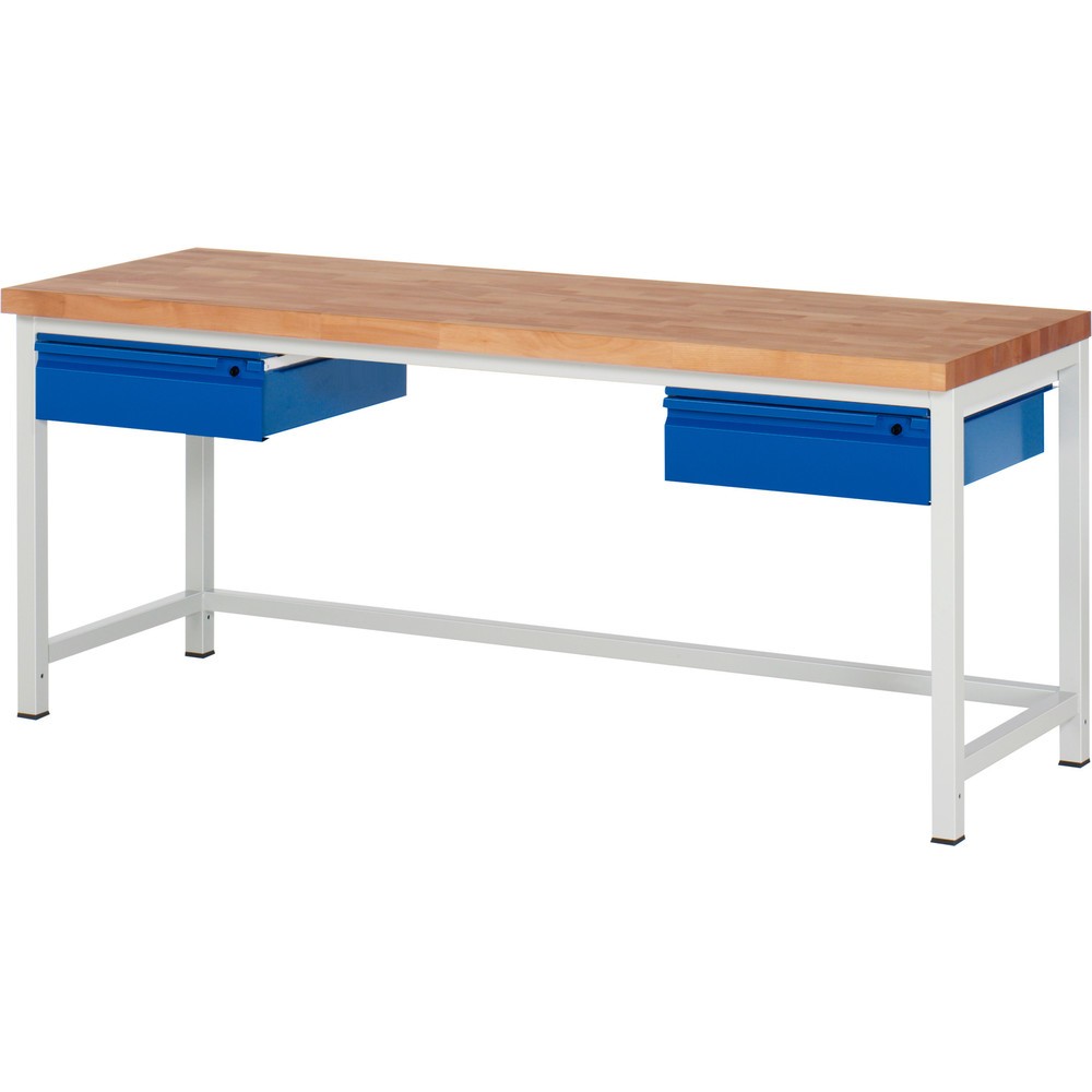 Číslo obrázku produktu 1: Pracovní stůl RAU řada 8000, pracovní deska z bukového masivu, tloušťka 40 mm, VxŠxH 840 x 2000 x 700 mm, 2 zásuvky 2 x 150 mm