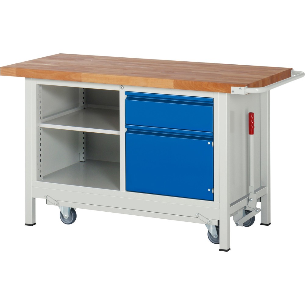 Číslo obrázku produktu 1: Pracovní stůl RAU řada 8000 se zapuštěným pojezdem, 1 dvojitý kontejner, VxŠxH 880 x 1500 x 700 mm, 1x zásuvka, 1 křídlové dveře, 1 police